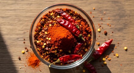 Fiery red chili powder and coarse flakes in a glass bowl, adorned with whole dried peppers. Essential hot spice ingredient for vibrant culinary dishes.