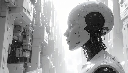 Futuristic humanoid robot with glowing eyes gazes forward in modern high-tech cityscape