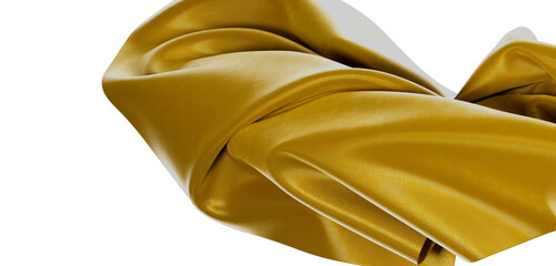 Elegant gold fabric with flowing waves on a white background. This textile design creates a...