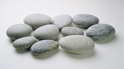 Natural arrangement of smooth pale grey stones and pebbles showcasing organic forms and textured surfaces
