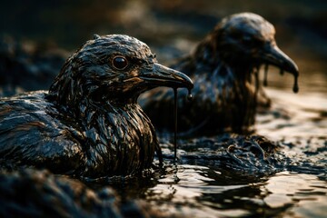 Naklejka premium Two birds are in a body of water that is covered in oil