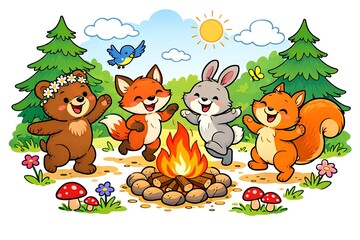 Fototapeta premium Cute Forest Animal Campfire Illustration with Bear Fox Rabbit Squirrel Dancing Around Fire Happy Woodland Friends Summer Nature Scene for Kids Storybook Cartoon Background