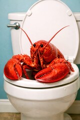A red lobster is sitting on a toilet