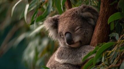 Fototapeta premium Peaceful Koala resting nestled amongst lush eucalyptus leaves, a serene depiction of Australian wildlife