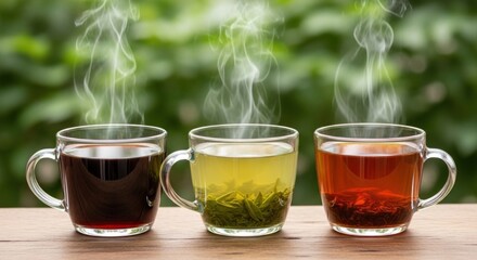 Three steaming cups of tea on a wooden table with greenery in the background.