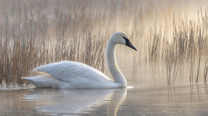 Fototapeta premium Graceful white swan gliding serenely on still water with reeds in soft morning light