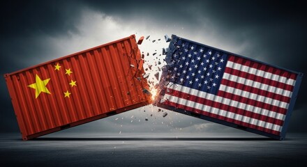Two shipping containers with Chinese and American flags on them, representing trade tensions.