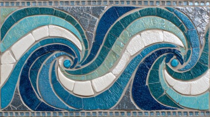 Intricate mosaic tile border featuring swirling blue waves and aquatic patterns, showcasing calming decorative artistry.