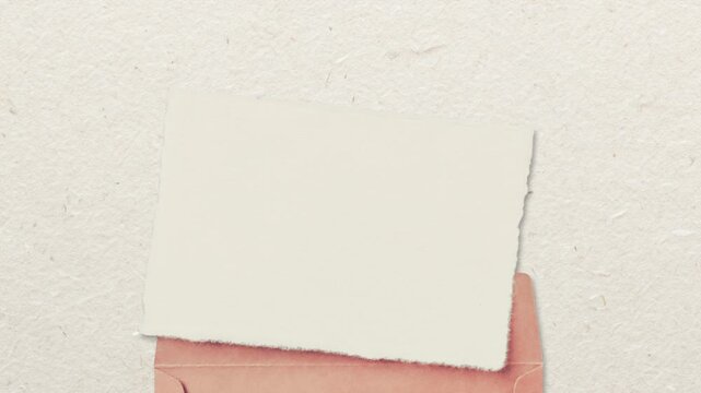 Envelope opening card reveal on handmade paper background