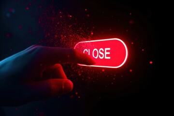 A hand is pressing a red button that says "close" on a black background