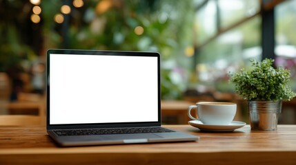 Fototapeta premium Working remotely laptop and coffee setup cozy workspace modern environment inviting view