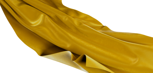 Close up of shimmering golden fabric flowing elegantly against a pure white background. Texture, luxury, design, backgro