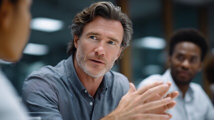 Engaging business discussion among colleagues in modern office environment close-up view