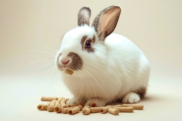 A rabbit is eating food from a bowl