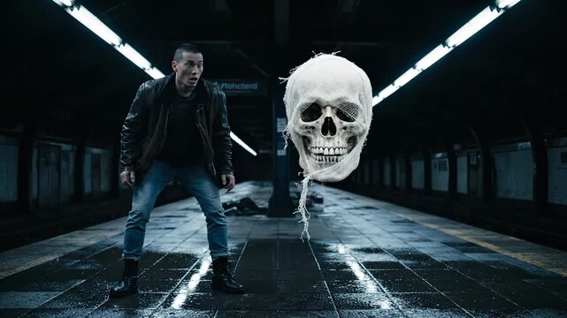 Man confronts floating skull in subway platform. He steps back under station light. Wet tile reflects skull and tunnel. Dark underground vibe evokes horror and ghost presence. Shadow lurks behind.