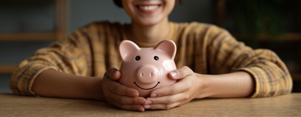Saving for the future young adult with piggy bank in cozy home environment