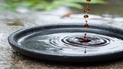 Close-up of liquid droplets falling into a dish of liquid creating ripples, outdoors