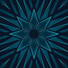 Geometric teal starburst pattern on dark background, abstract design.