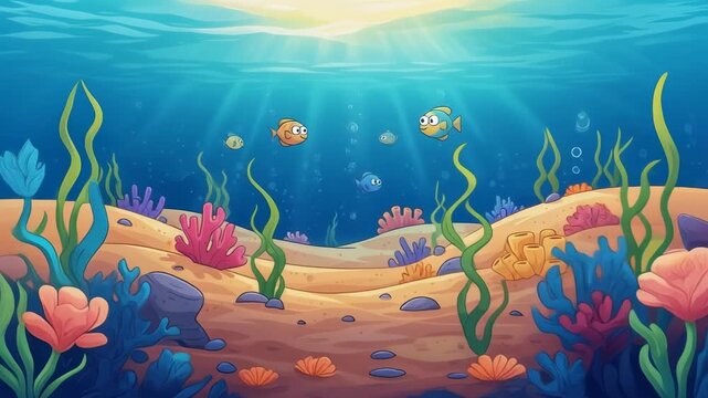 Animated Ocean Floor Scene with Colorful Corals and Seaweed.