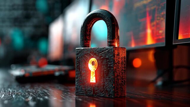 digital neon light lock symbol on screen, online network security and personal data security theme