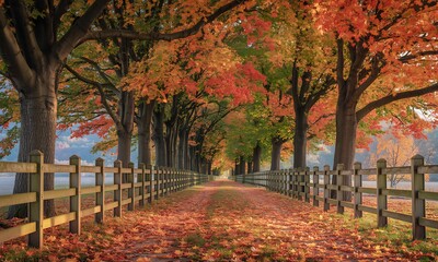 An autumn road framed by vibrant trees and a wooden fence