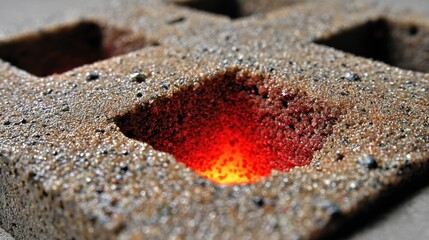 Medium shot of glowing molten metal filling a dried sand mold cavity emphasizing the contrast between the bright metal and the coarse sand texture.