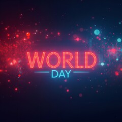 Vibrant World Day neon sign with red and blue lights on dark background with glowing dots