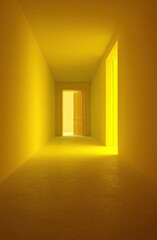 Empty yellow corridor with open doors and sunlight perspective view