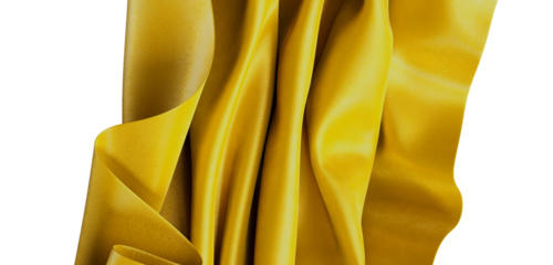 Close-up of a luxurious golden yellow fabric with intricate texture, gracefully draped against a clean white backdrop. P