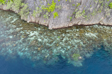 A beautiful coral reef fringes a rugged rock island rising from the seascape in Misool, Indonesia. This region harbors spectacular marine biological diversity and is a popular destination for divers a