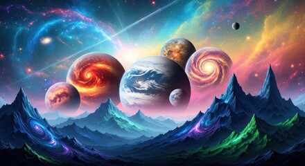 A vibrant, colorful space scene with planets, galaxies, and mountains.