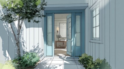 Entranceway to a modern home with blue doors and natural light