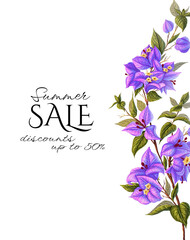 Tropical frame with bougainvillea flower. Botanical template with a delicate branch of an exotic plant. Floral decoration for cards, invitations. Banner for summer sale 