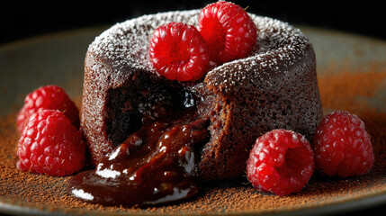 Chocolate lava cake with melting center and fresh raspberries luxury dessert presentation for bakery marketing food photography ads and social media