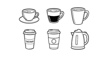 Collection of hand-drawn coffee cups, mugs, and electric kettle icons