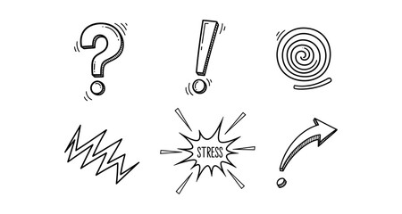 Collection of hand-drawn icons representing stress, questions, and progress