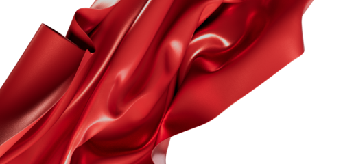 Close up of vibrant red satin fabric with soft flowing folds. Suitable for luxury, fashion, and design projects.