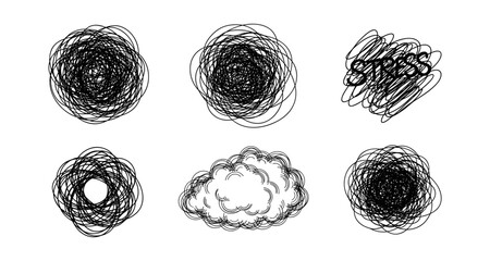 Abstract scribbles and a cloud illustration representing chaos and stress