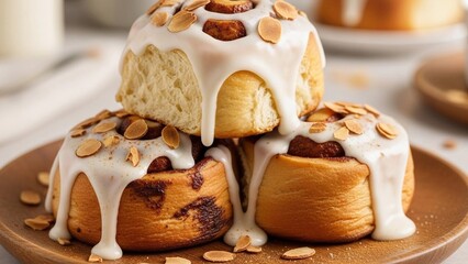Gourmet Cinnamon Rolls with Cream Cheese Frosting and Toasted Almond Slivers on Wooden Plate