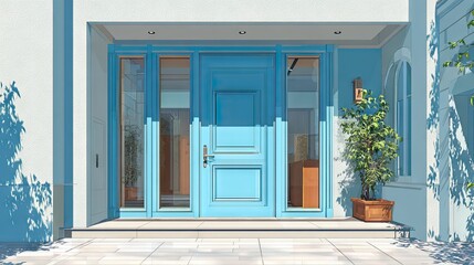 Exterior view of a light blue front door with sidelights and a small potted tree