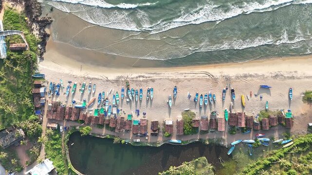 Aerial drone footage rising upward as a tractor hooks a fishing boat on sandy beach in Varkala, Kerala, India. Traditional coastal fishing process and village activity.