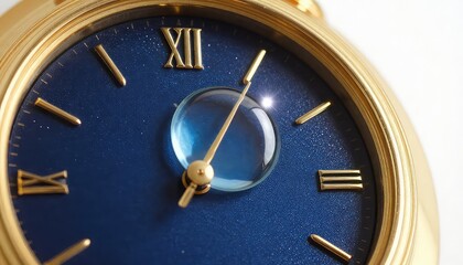 Luxury gold clock with blue face and Roman numerals closeup
