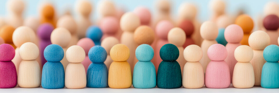 Diverse colorful wooden peg dolls standing together in large group, representing population, inclusion, unity, human resources, and community management.