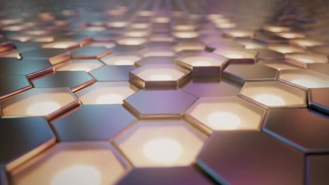 Abstract futuristic hexagonal pattern with glowing lights and metallic surfaces.