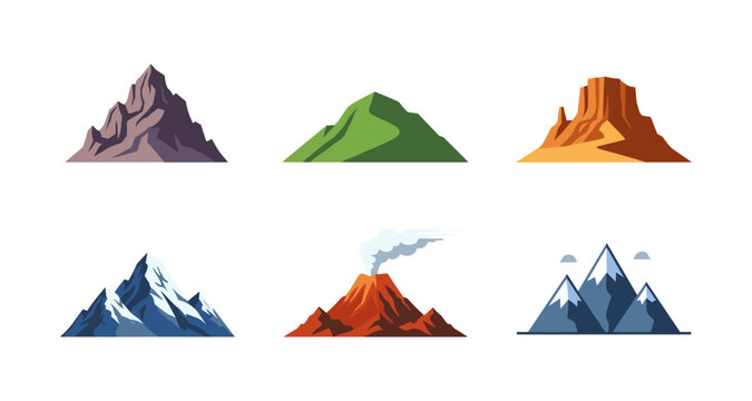 Collection of diverse mountain and volcano landscape illustrations in a flat design style