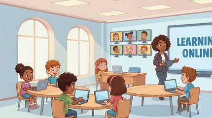 Children and teacher in a classroom learning about online learning - Powered by Adobe