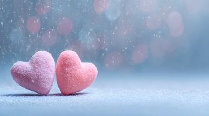 Two pink hearts on a blue background with snow and a bokeh effect. Valentines day background, copy space