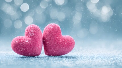 Two pink hearts on a blue background with snow and a bokeh effect. Valentines day background, copy space