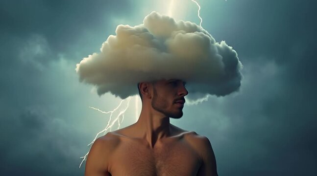 Surreal portrait of a man with a stormy cloud above his head illuminated by bright lightning strikes and dramatic light visualizing inspiration or intense mental tension.