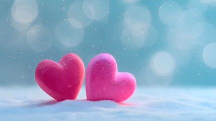 Two pink hearts on a blue background with snow and a bokeh effect. Valentines day background, copy space